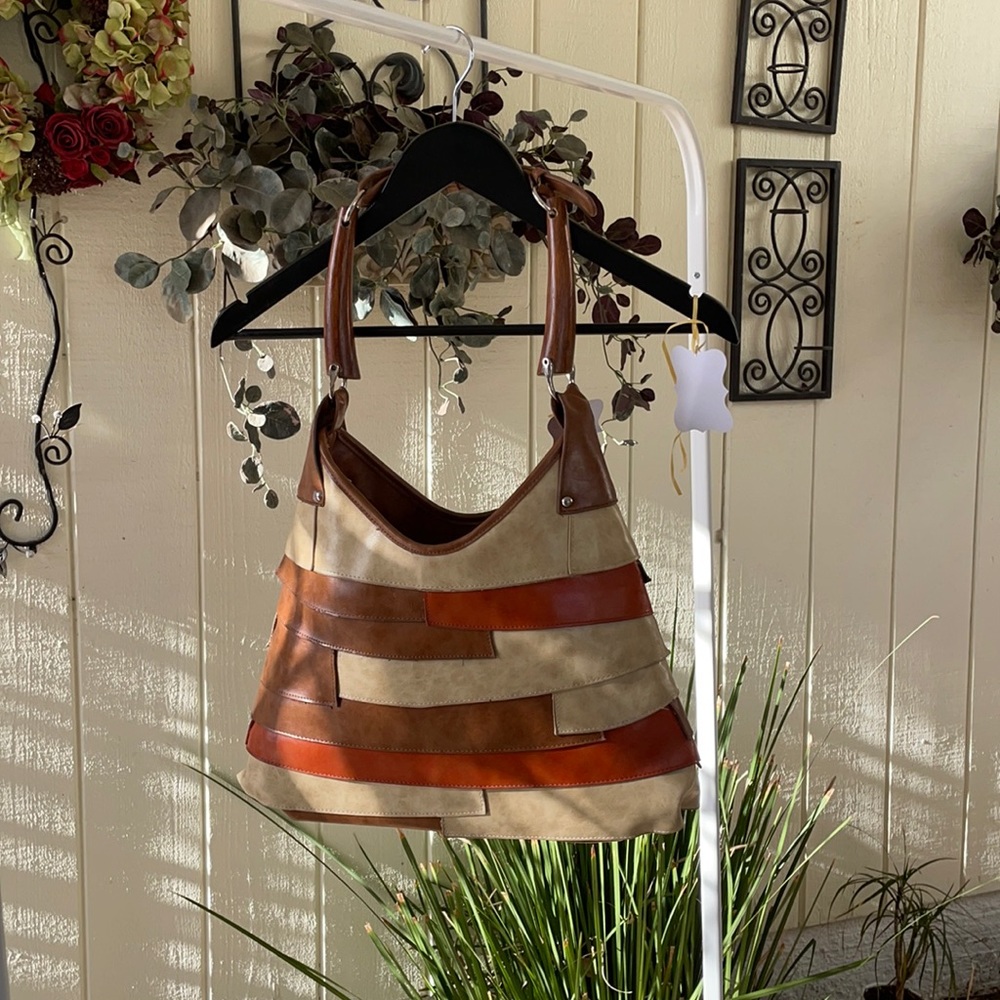 Y2K patchwork handbag with wooden handle